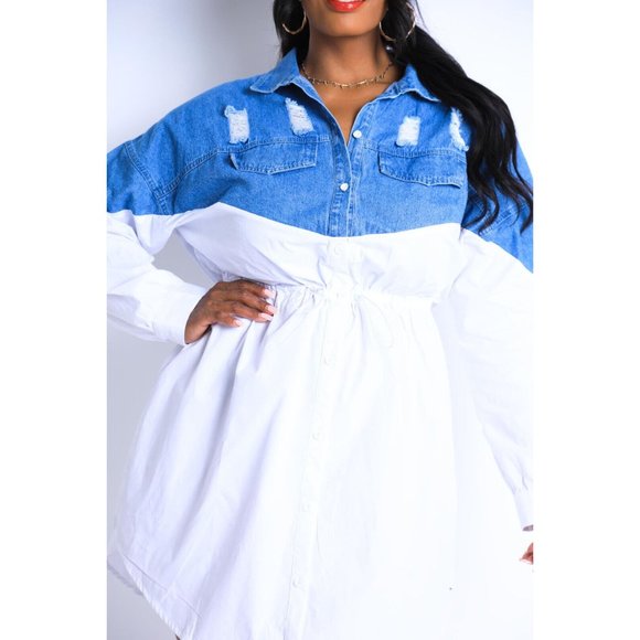 Women's Sexy Denim Block Casual Mini Dress Plus Size White Denim Curvy Outfit - Picture 10 of 12